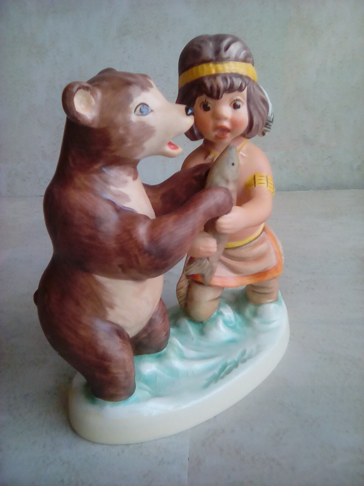 Goebel Hummel Bear and Native Boy WHO’S FISH? 5.5x5x3″ Germany Initialed MA 7d