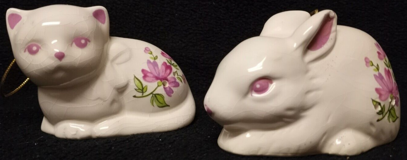 Kitten & Bunny Hanging Ceramic Pomanders Christmas Ornaments Cat Rabbit