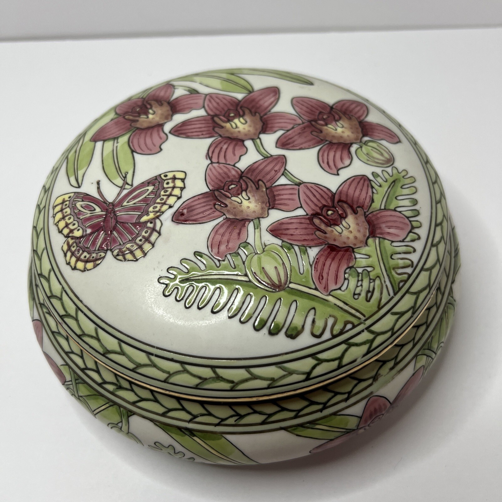 Vintage Andrea By Sadek Porcelain Powder Dish With Lid Orchid Collection