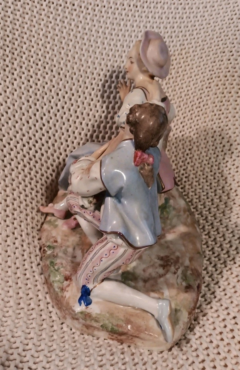 Antique Royal Crown Derby Rococo Scene Man Courting Woman Porcelain Figurine