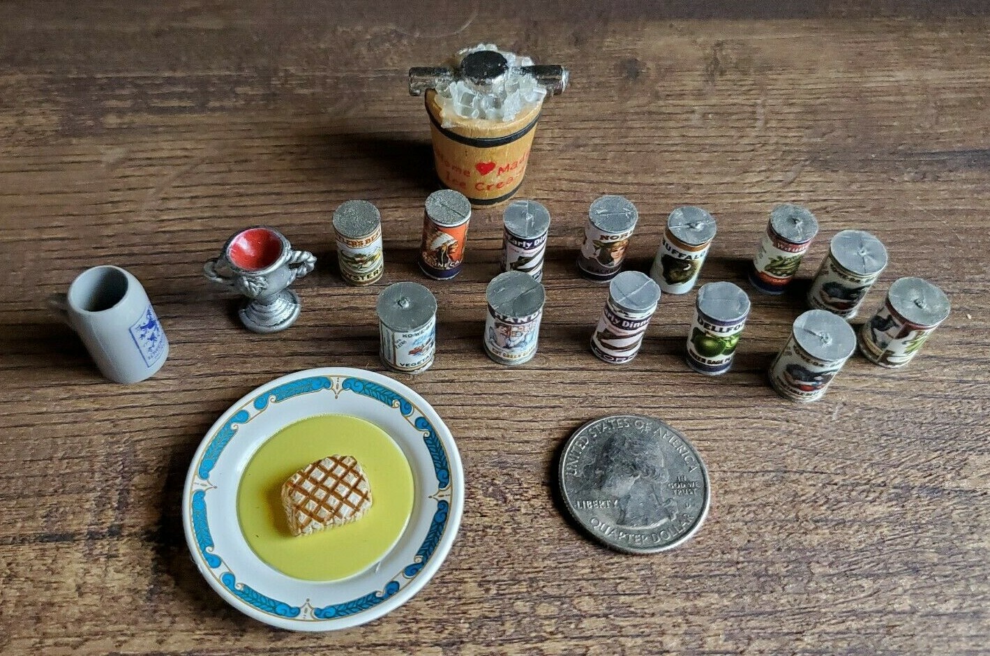 Miniature Canned Food, Platter with meat, Ice Cream Maker, Goblet & Tankard 1:12