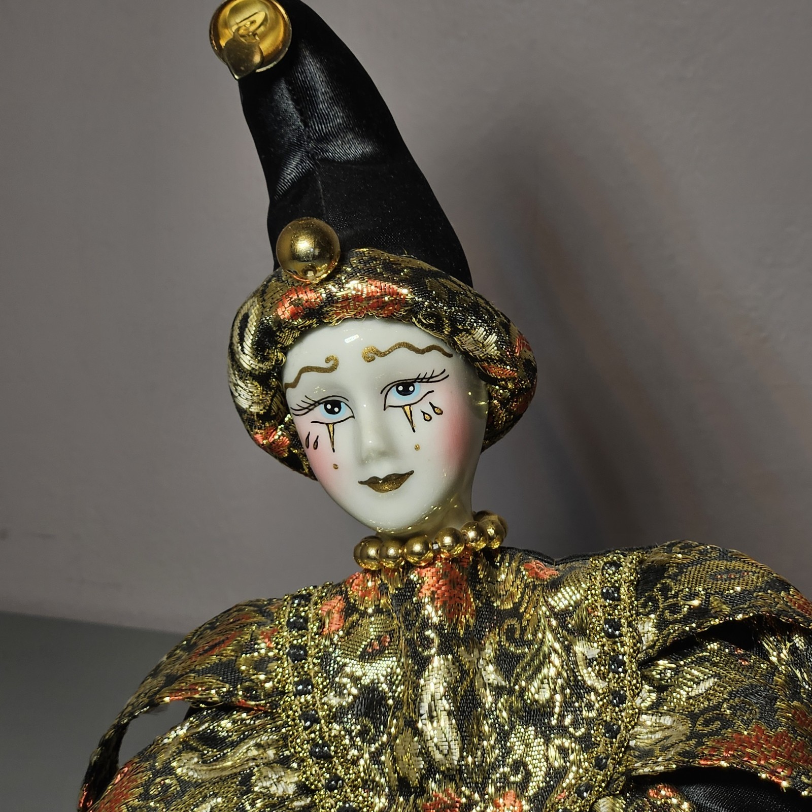 Vintage Harlequin Jester Porcelain Doll Mardi Gras Black And Gold Bells Satin