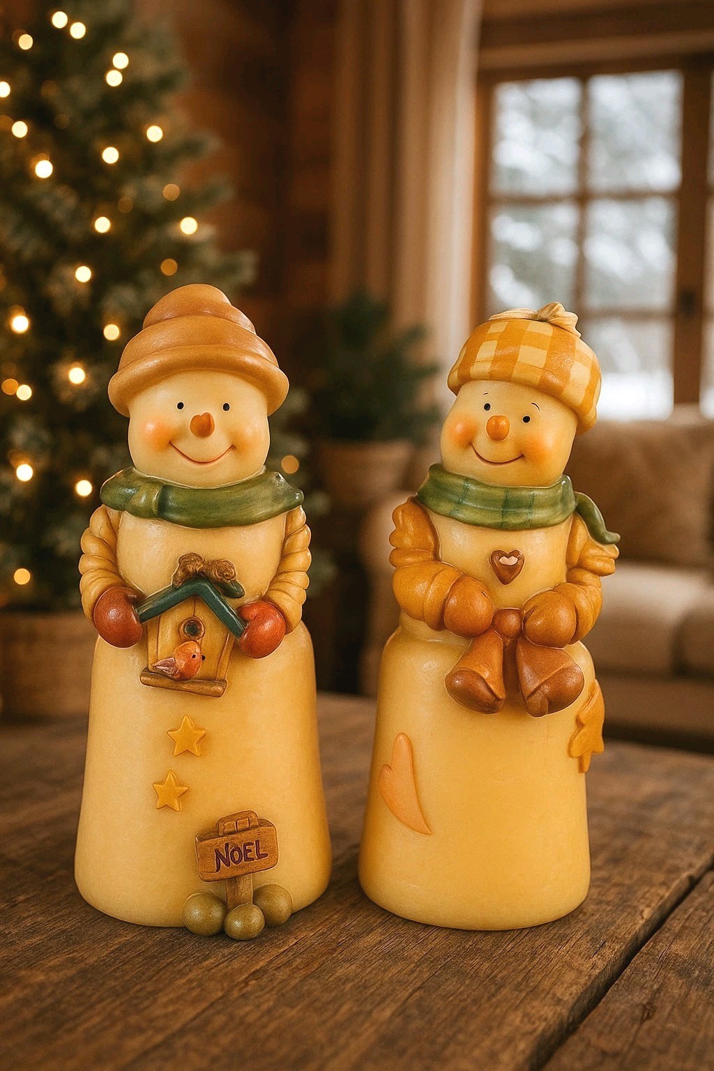 Pair of Rustic Snowman Figurines Christmas Decor Country Cottage 90’s Folk Art