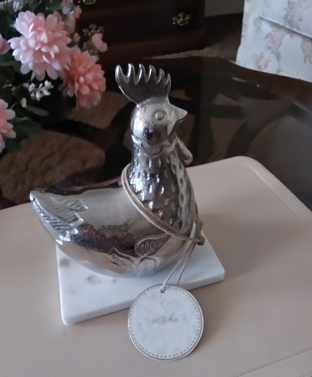 NEW 8″ SILVER TONE METAL ROOSTER FIGURINE on MARBLE BASE DEC. KITCHEN INDIA