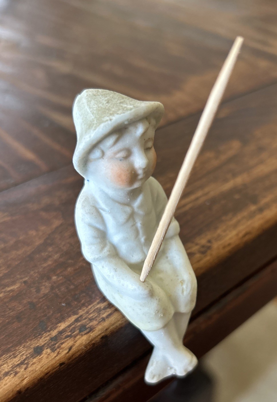 Vintage Bisque Porcelain Shelf Sitter Fishing Boy In Hat; Occupied Japan 3.25”