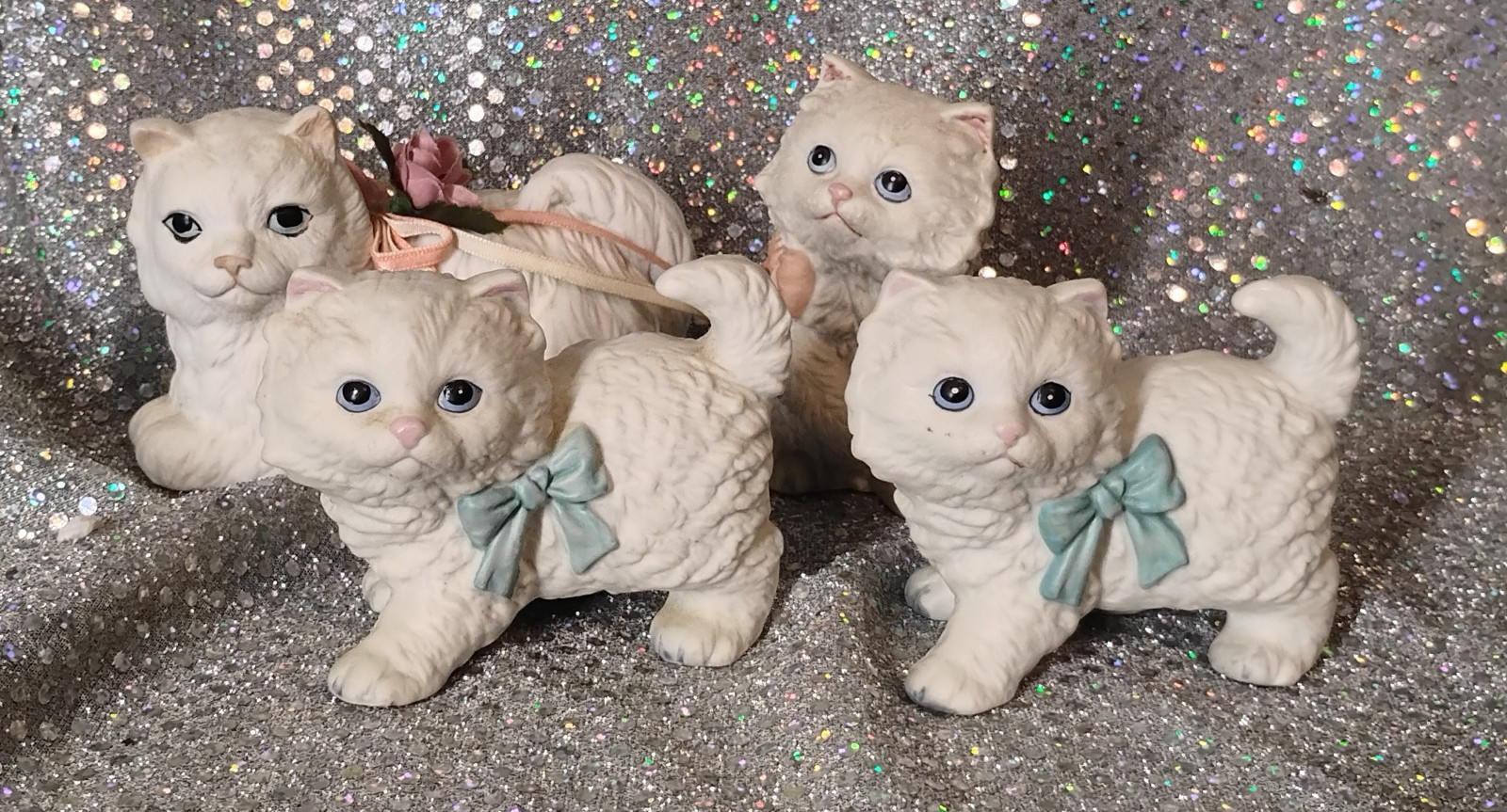 Set of 4 – White Kittens Cats Blue Eyes Figurines Vintage
