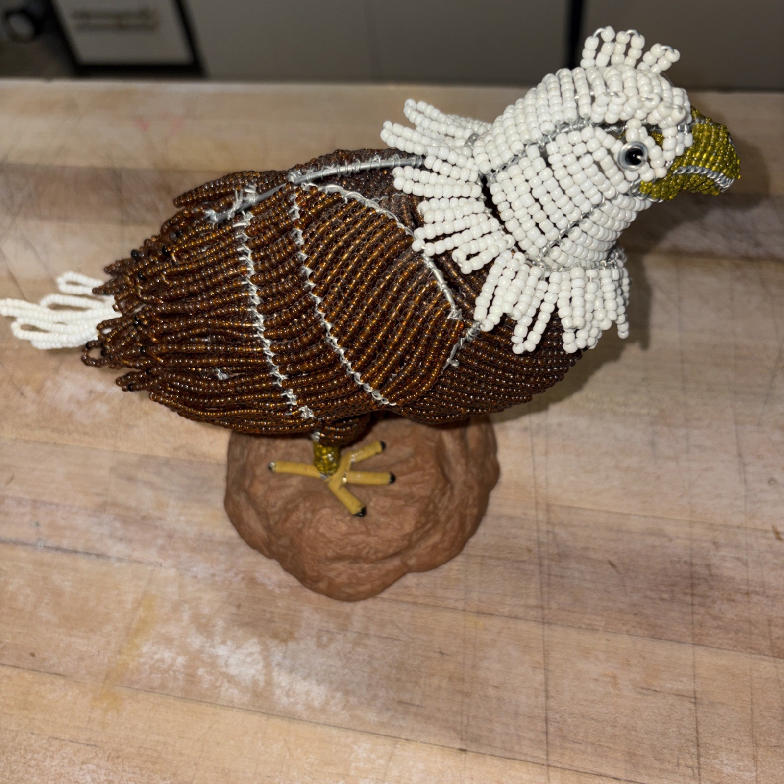 Hand Crafted, Wire Beaded Iridescent Bald Eagle Sculpture On Branch