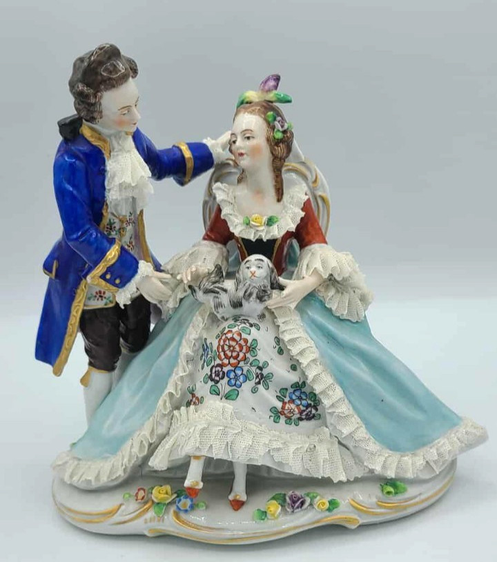 Antique Sitzendorf Figurine (1918–1920 Mark) — Lady, Gentleman & Dog. Large 8.5″
