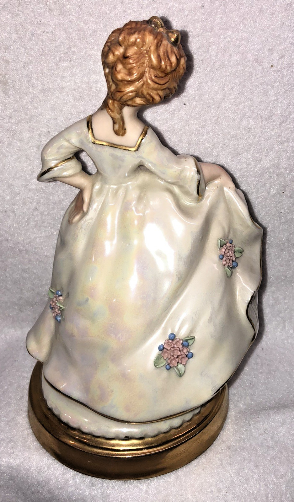 Vintage Porcelain Figurine Elegant Lady Hand Painted Applied Flowers Iridescent