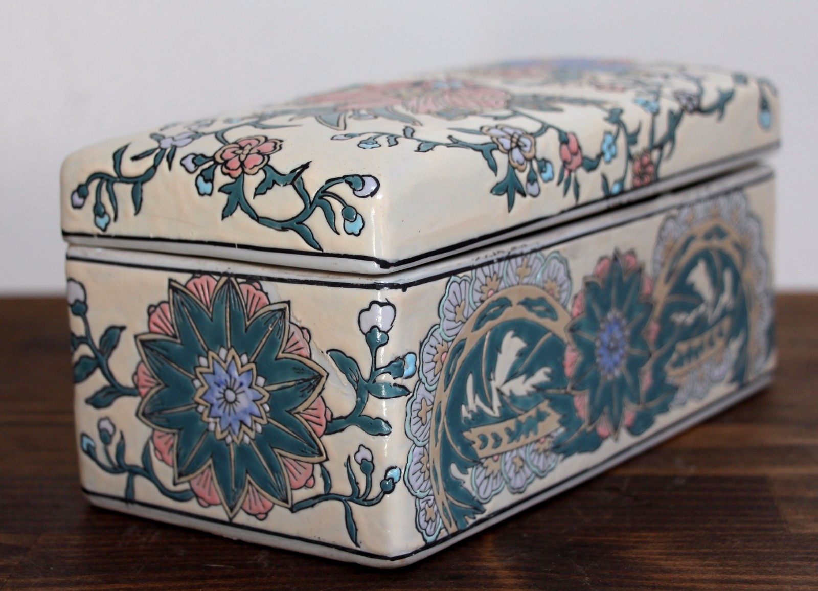XL ANDREA by SADEK BLUE PINK CHINESE JADE PORCELAIN DRESSER TRINKET JEWELRY BOX