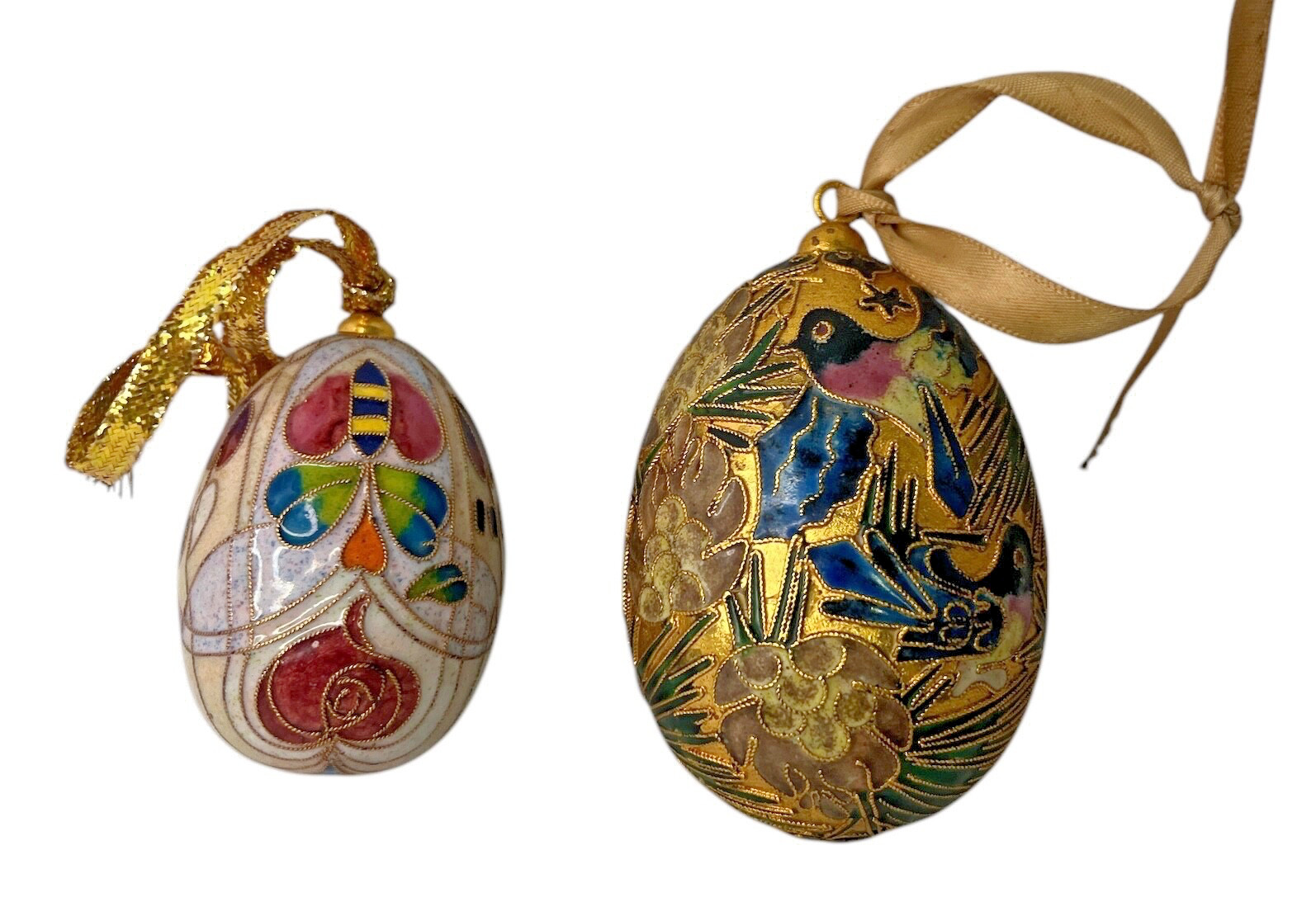 2 Chinese Cloisonne Egg Ornaments Enameled Flowers / Birds / Bees Vintage