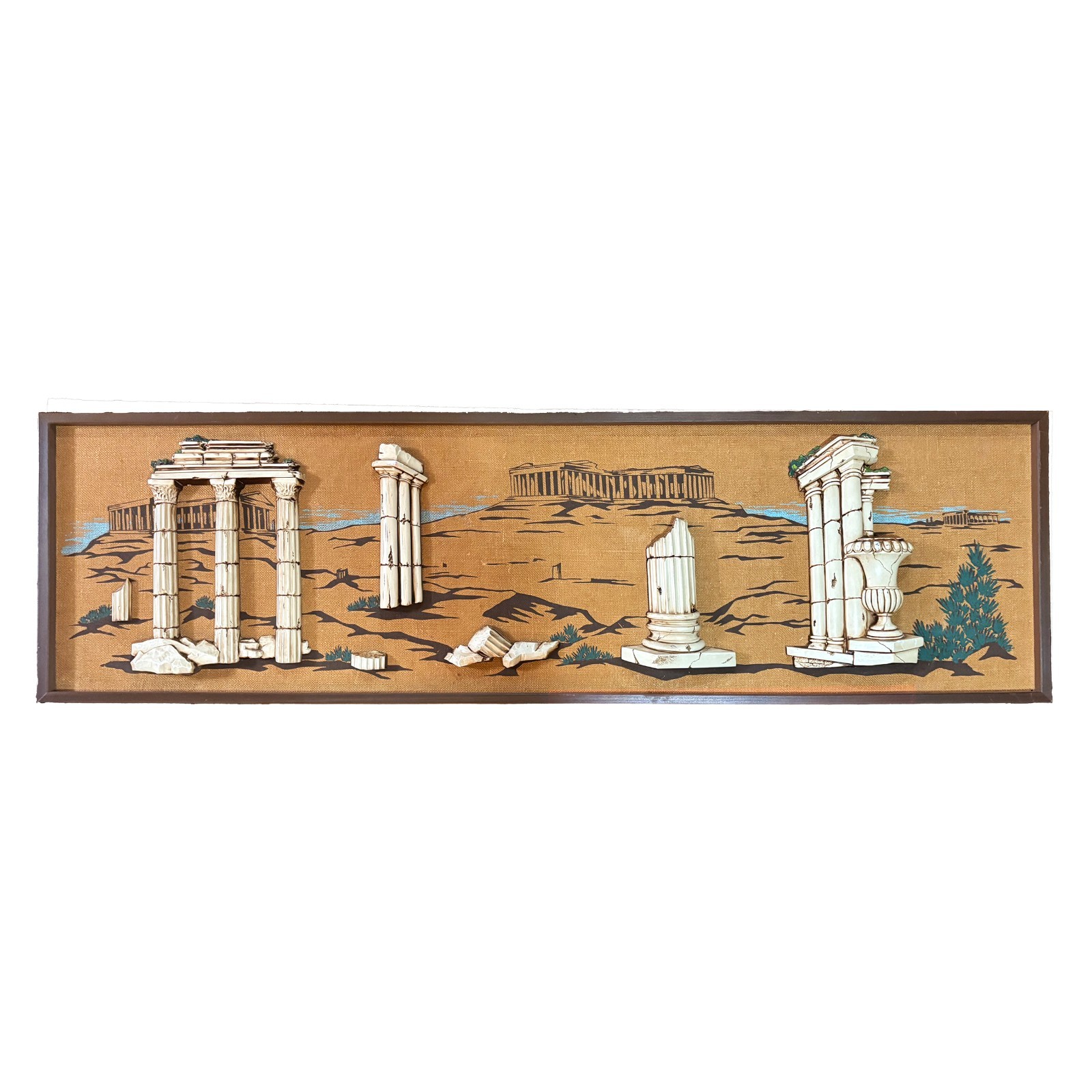 Unique Large 3D Mid-Century Chalkware & Jute Greek Revival Wall Hanging, 64″