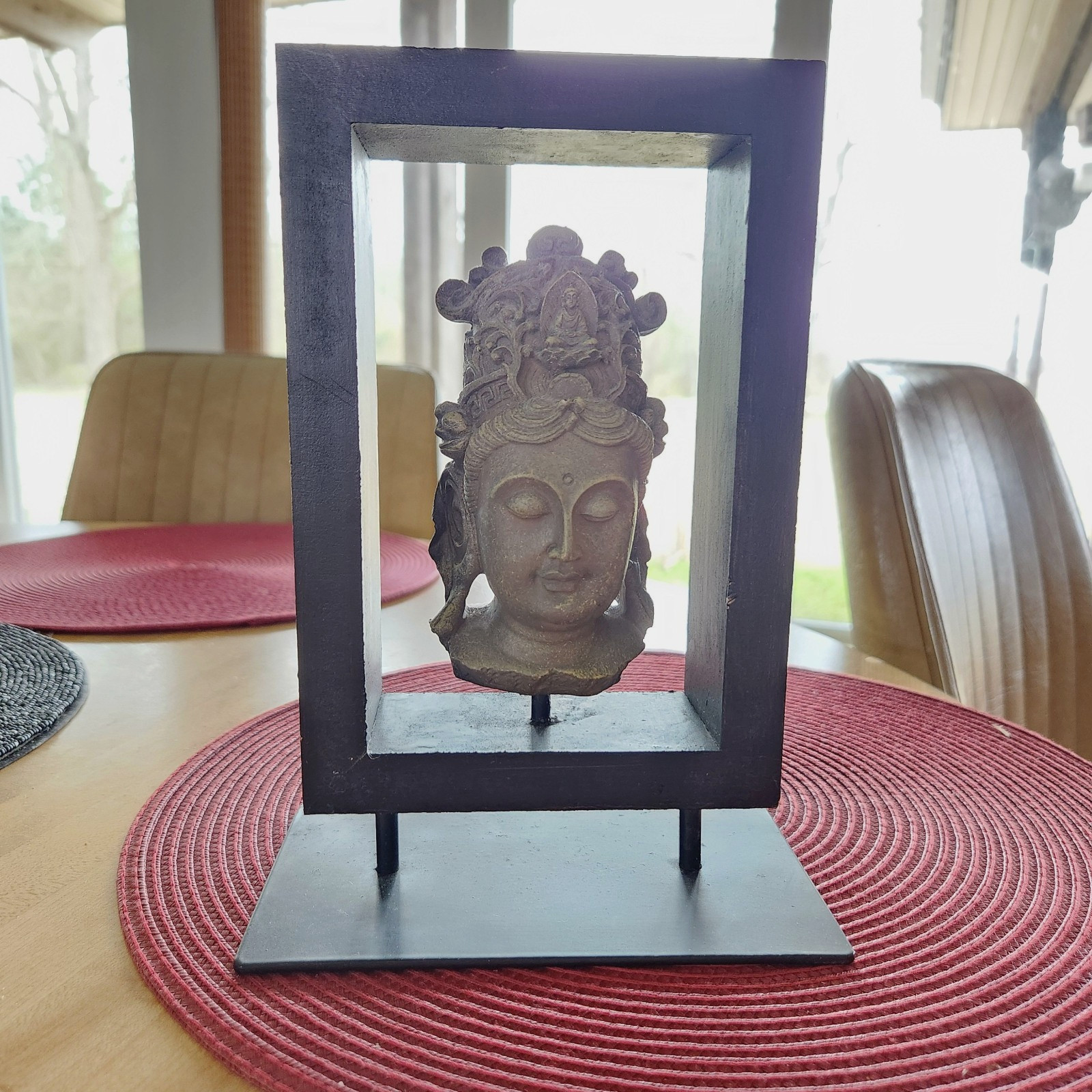 Resin Sculpture of Buddhist Diety Tara on Metal Stand in Wooden Floating Frame