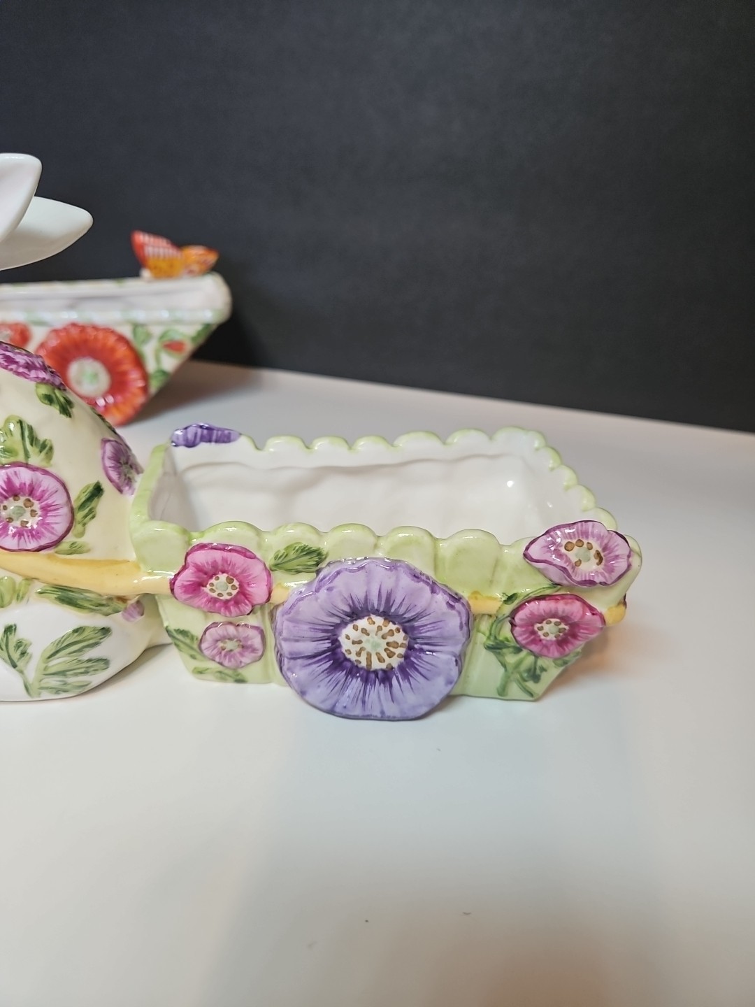 2 VILLEROY & BOCH 1748 Bunny Rabbit Pulling Cart Easter Decor Butterfly Poppy