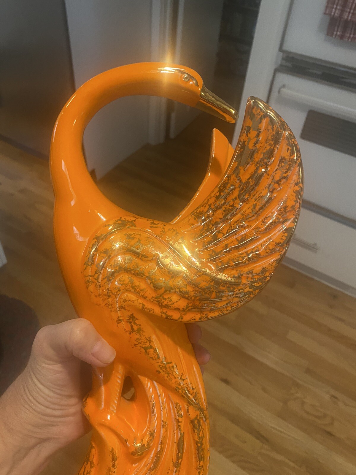 LARGE Vintage Mid Century Modern Orange Gold Ceramic Peacock Statue & Dish CALIF