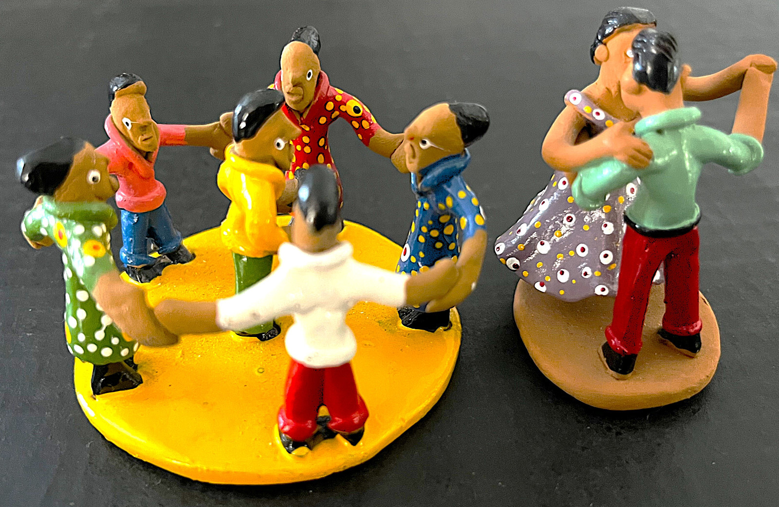 2 vintage 1986 clay figurines Brazil man woman dancing art hand painted sign set