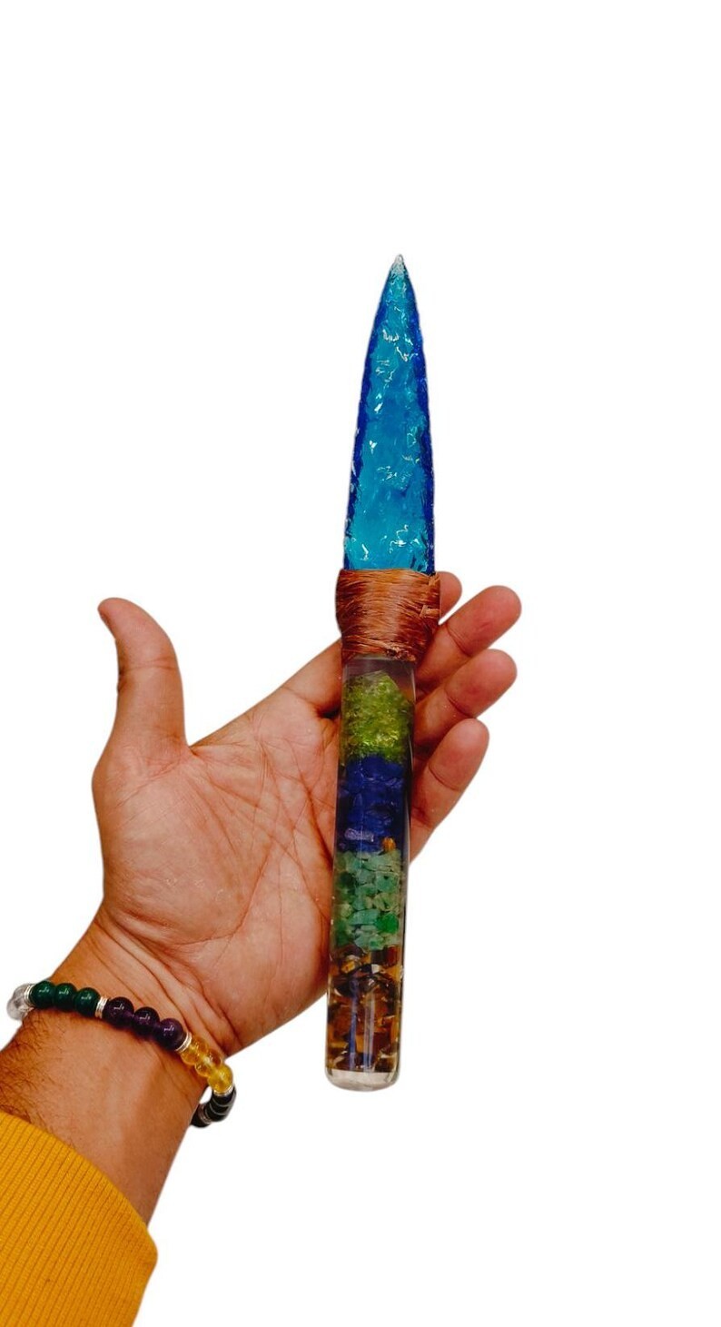 11″ Aqua Obsidian Crystal Resin Spearhead Blade, Orgonite Gemstone Handle, Gift