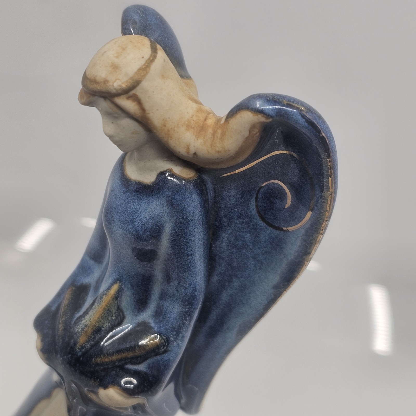 Tall Angel Holding A Star Ceramic Figurine, Joy, Signed, Blue and TAN