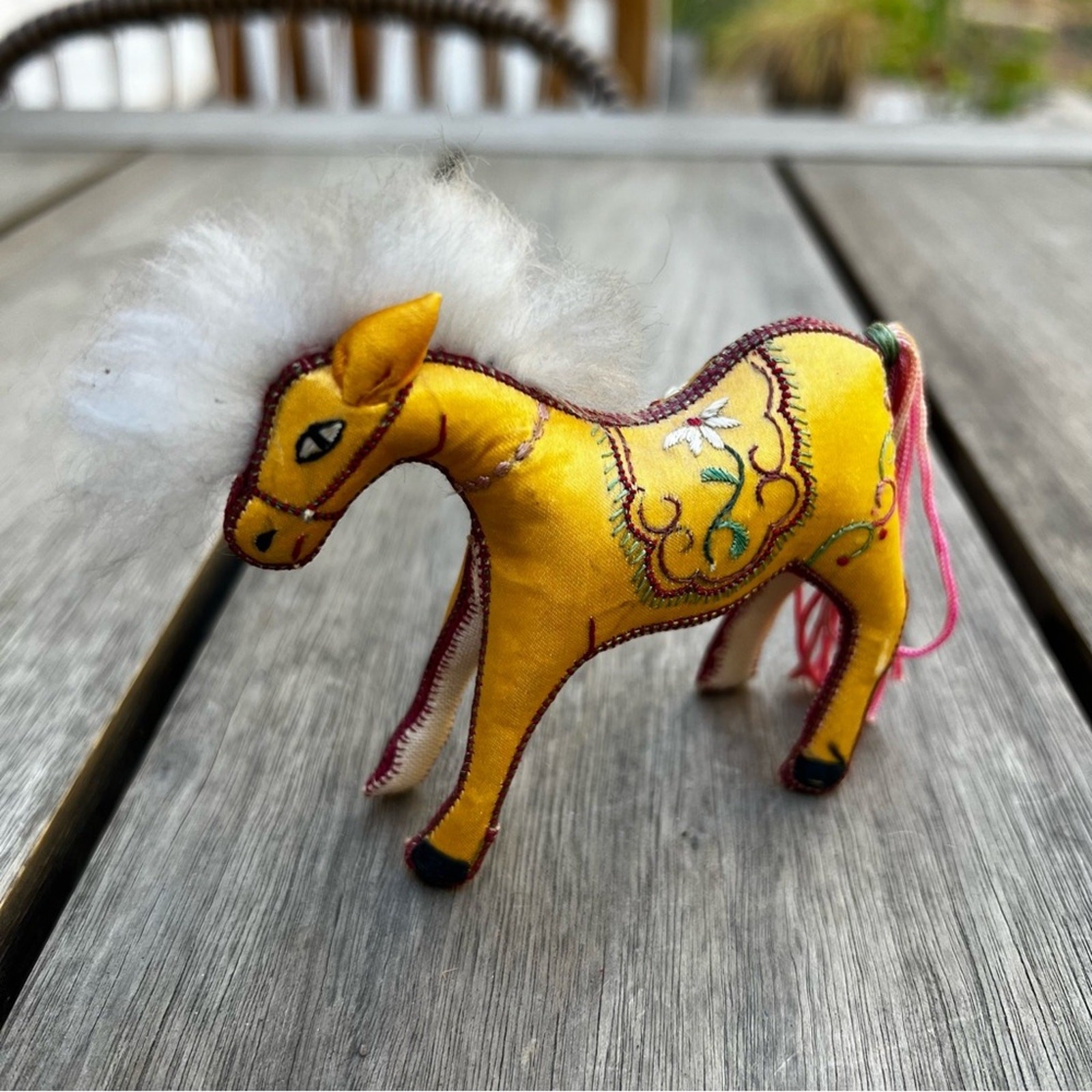 Vintage Chinese Silk Embroidered Horse Fur Mane Pink Tassle Tail Figurine 3″