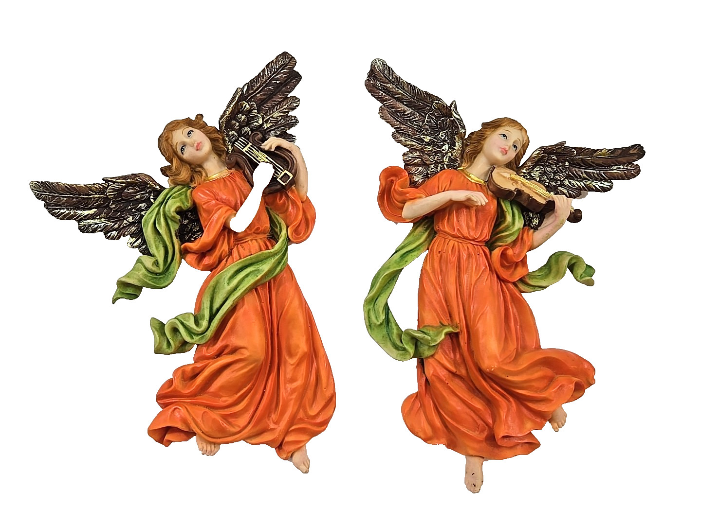 Set of 2 Angels Playing Instruments 9″ Resin Wall Art Figurines Hand Painted