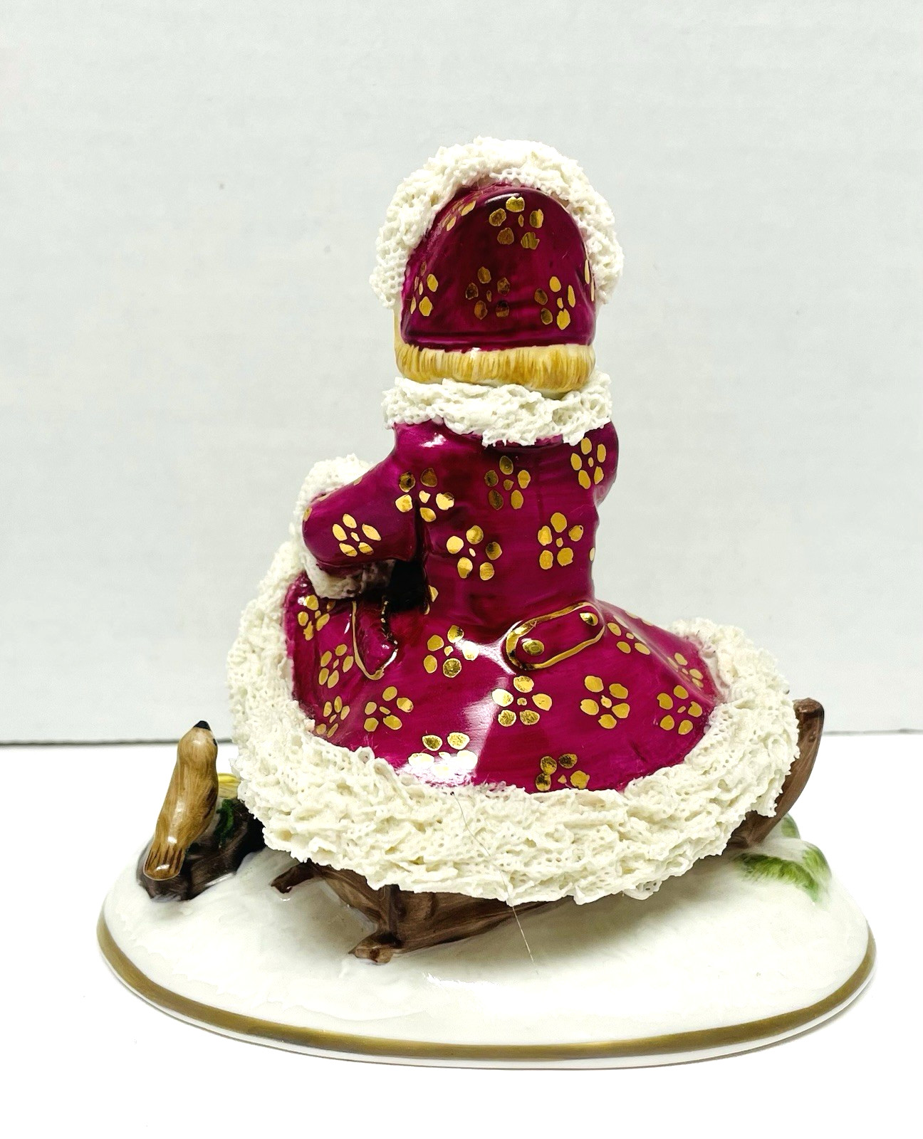 Irish Dresden WINTER IRELAND Handmade Lace Girl Figurine w Bird