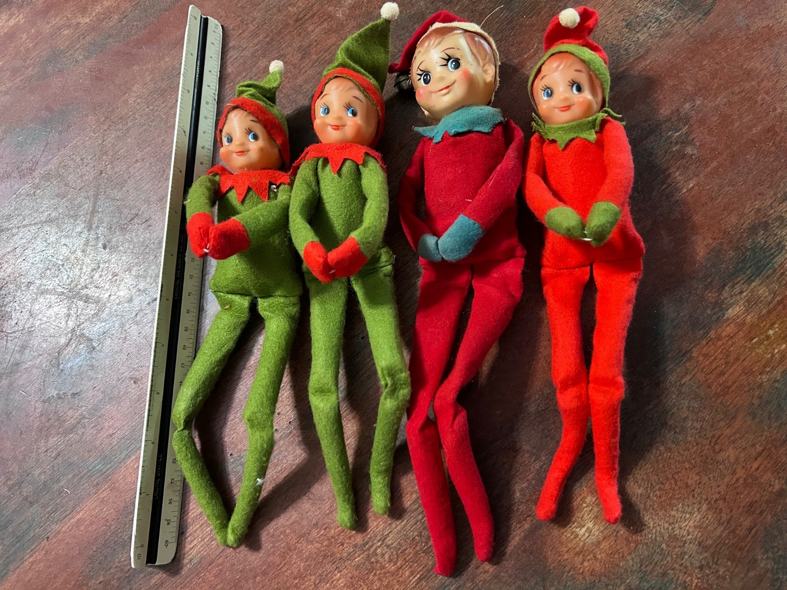 Vintage 1950s–1960s Set of 4 Knee Hugger Pixie Elf Dolls – Made in Japan Felt