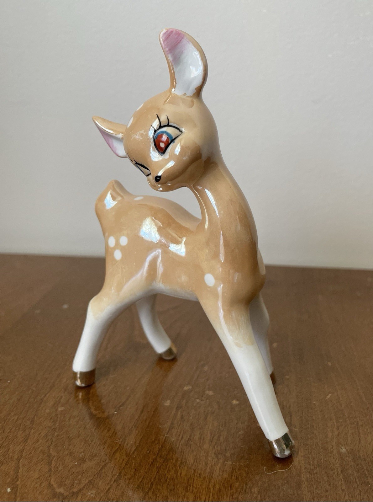 Vintage 1950s Lustreware Fawn Porcelain Cute Kitsch Baby Deer Figurine Gold Feet