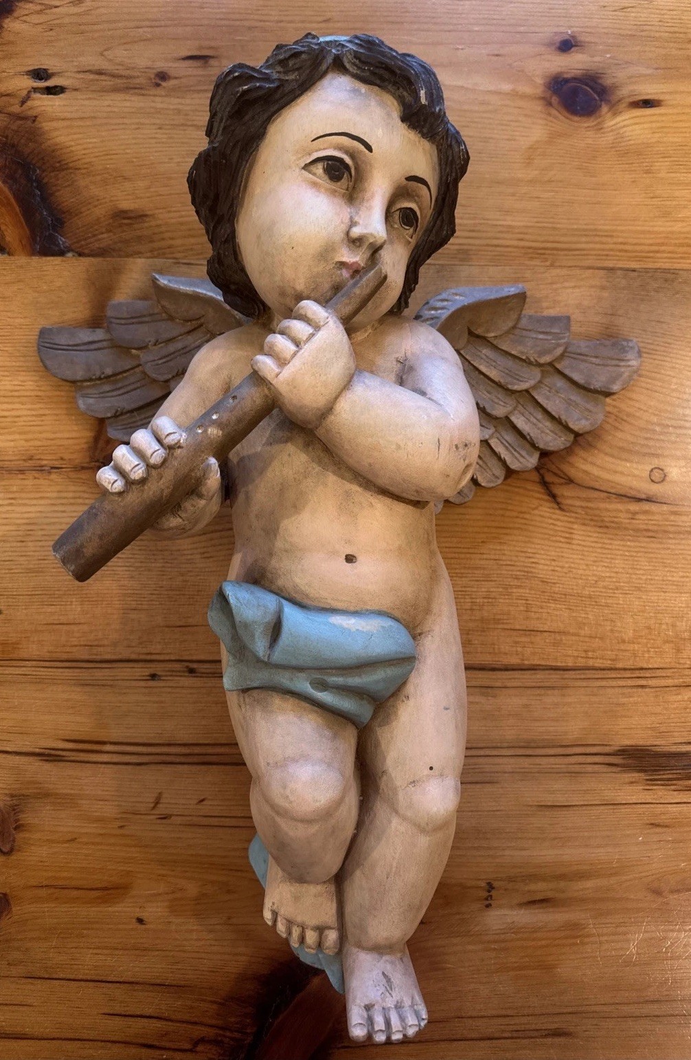 Antique Hand Carved Painted Wood Large Angelic Cherub Putti Sculpture 18″