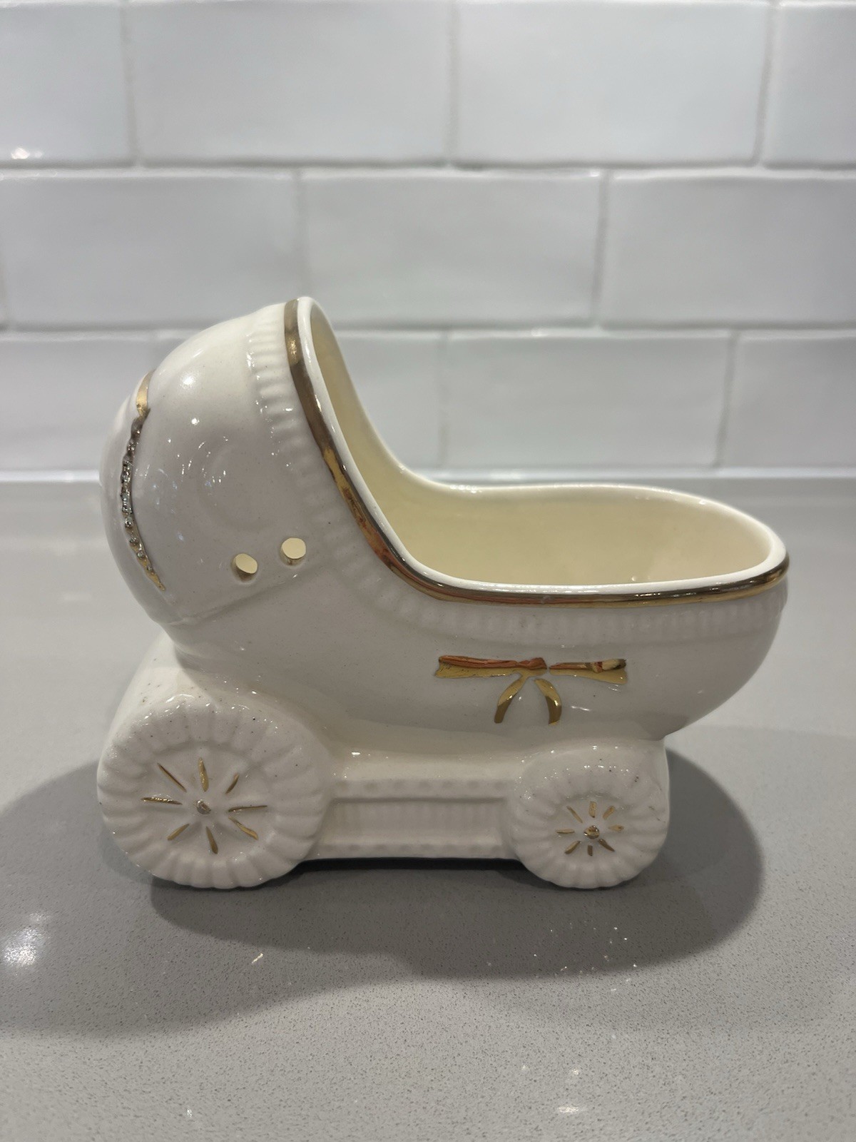 Ceramic Baby Figurine and Carriage Set, Hand Painted, Glossy, White/Gold