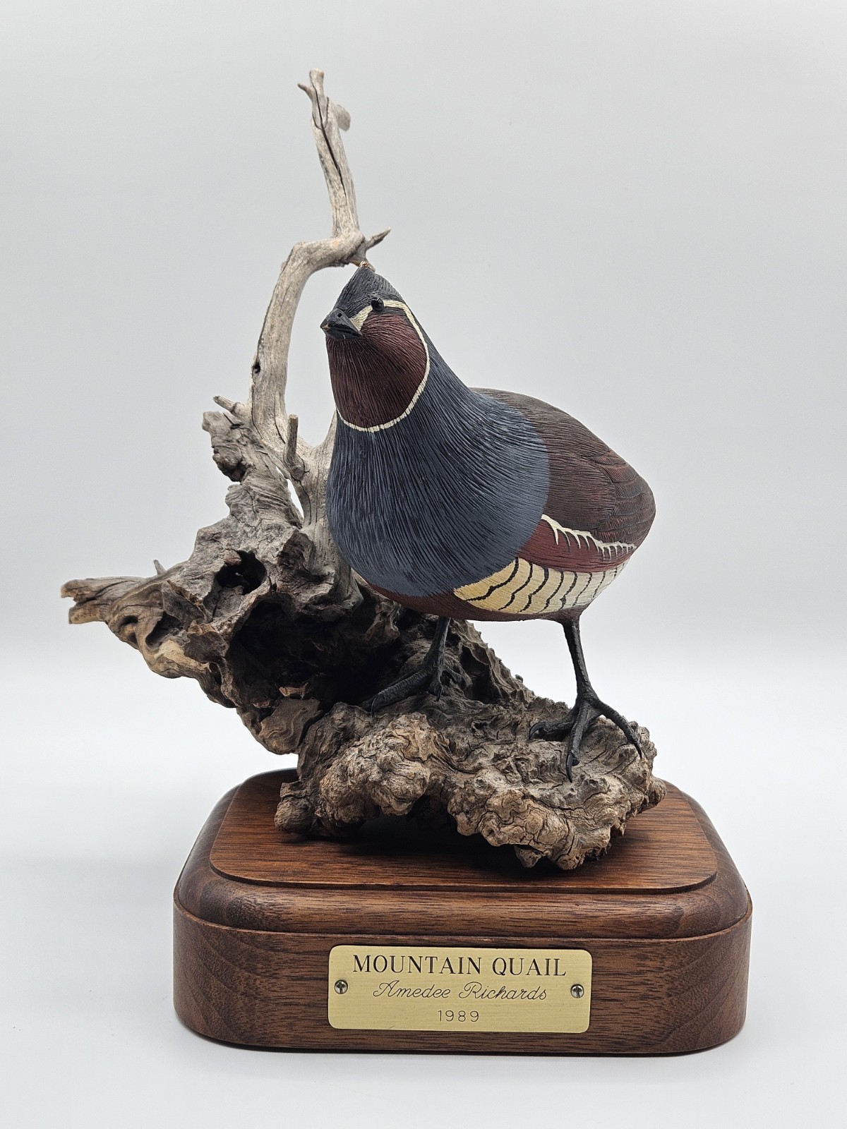 1989 Amedee Richards Hand Carved Mountain Quail on Burl Wood Sculpture -Pls Read