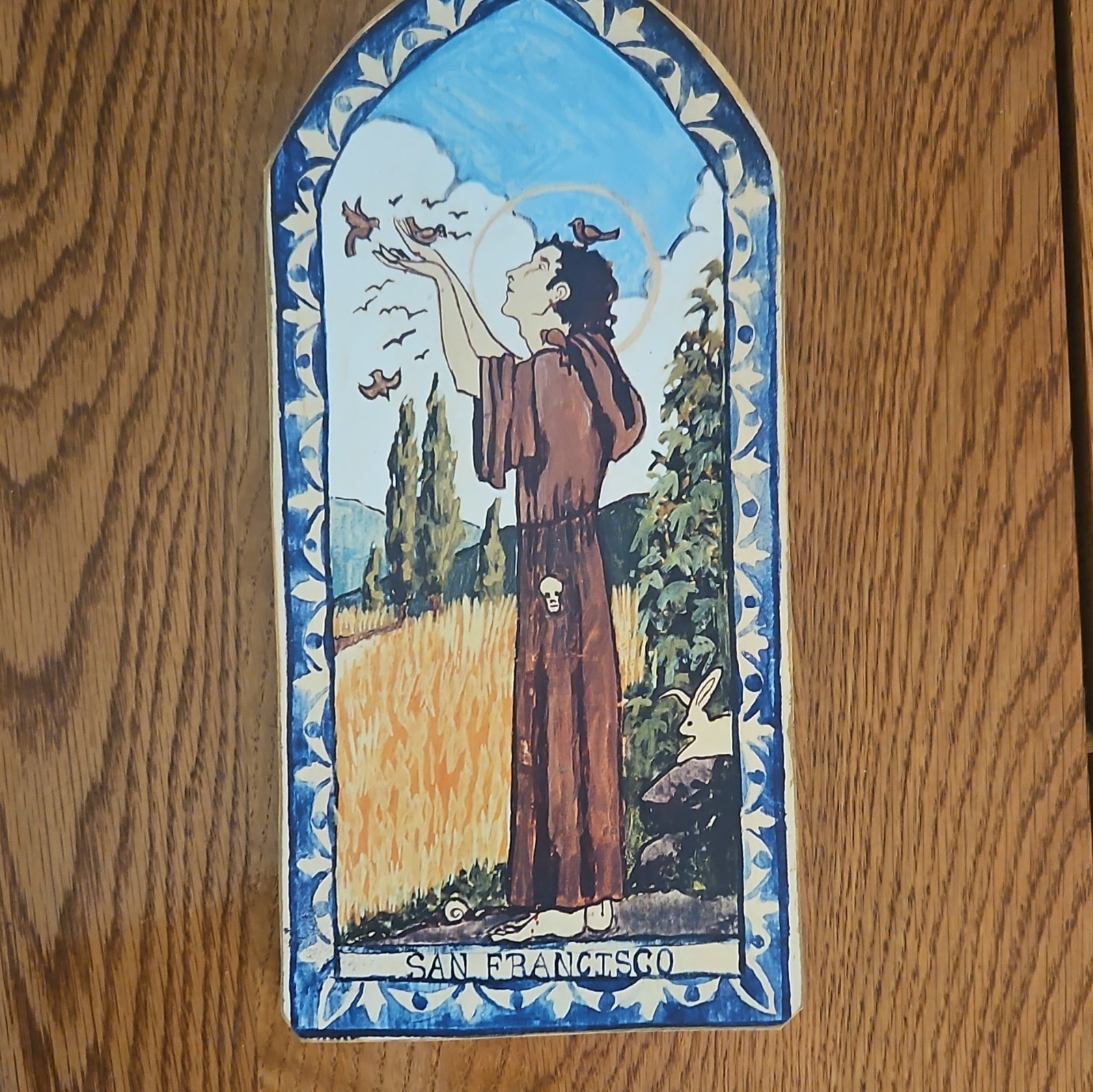 Saint Francis of Assisi Hand Painted Wood Arch Wall Tile Plaque 12″