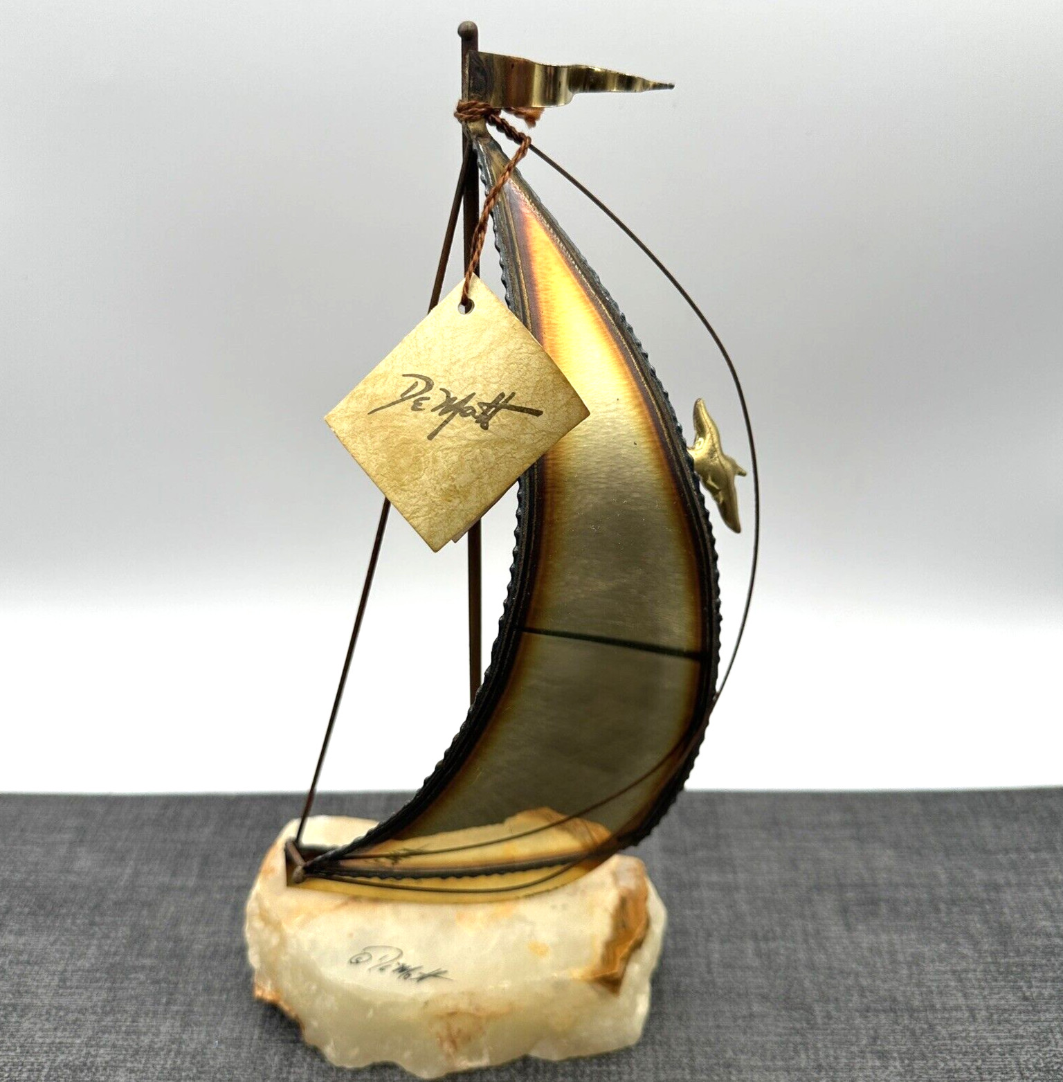 Vtg John DeMott Signed Metal Sailboat Sculpture Stone Base 10″ MCM 1975 Tag