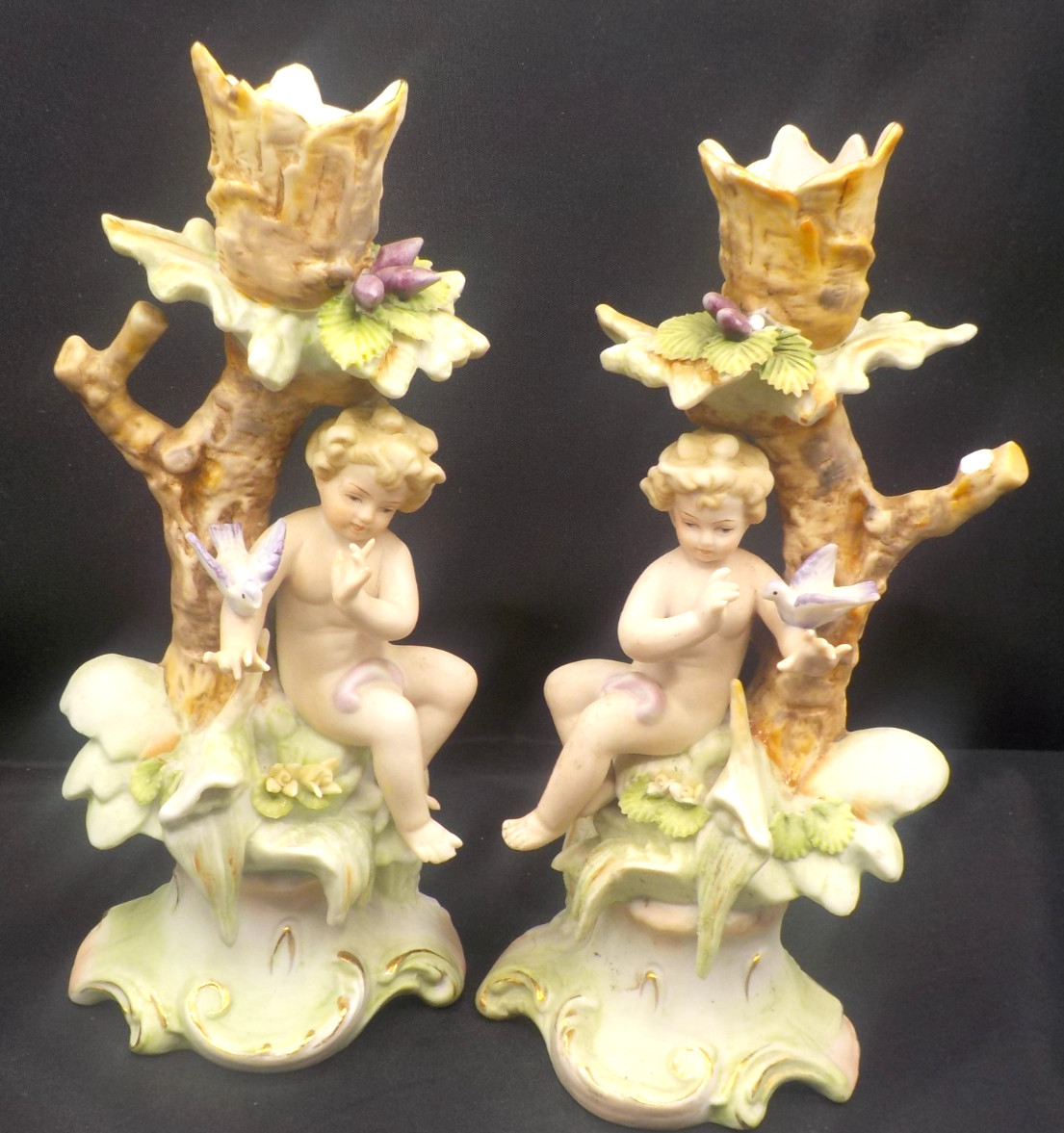 Pair of Bisque porcelain 8″ Candle holders w cherubs birds Japan ARNARK Damage