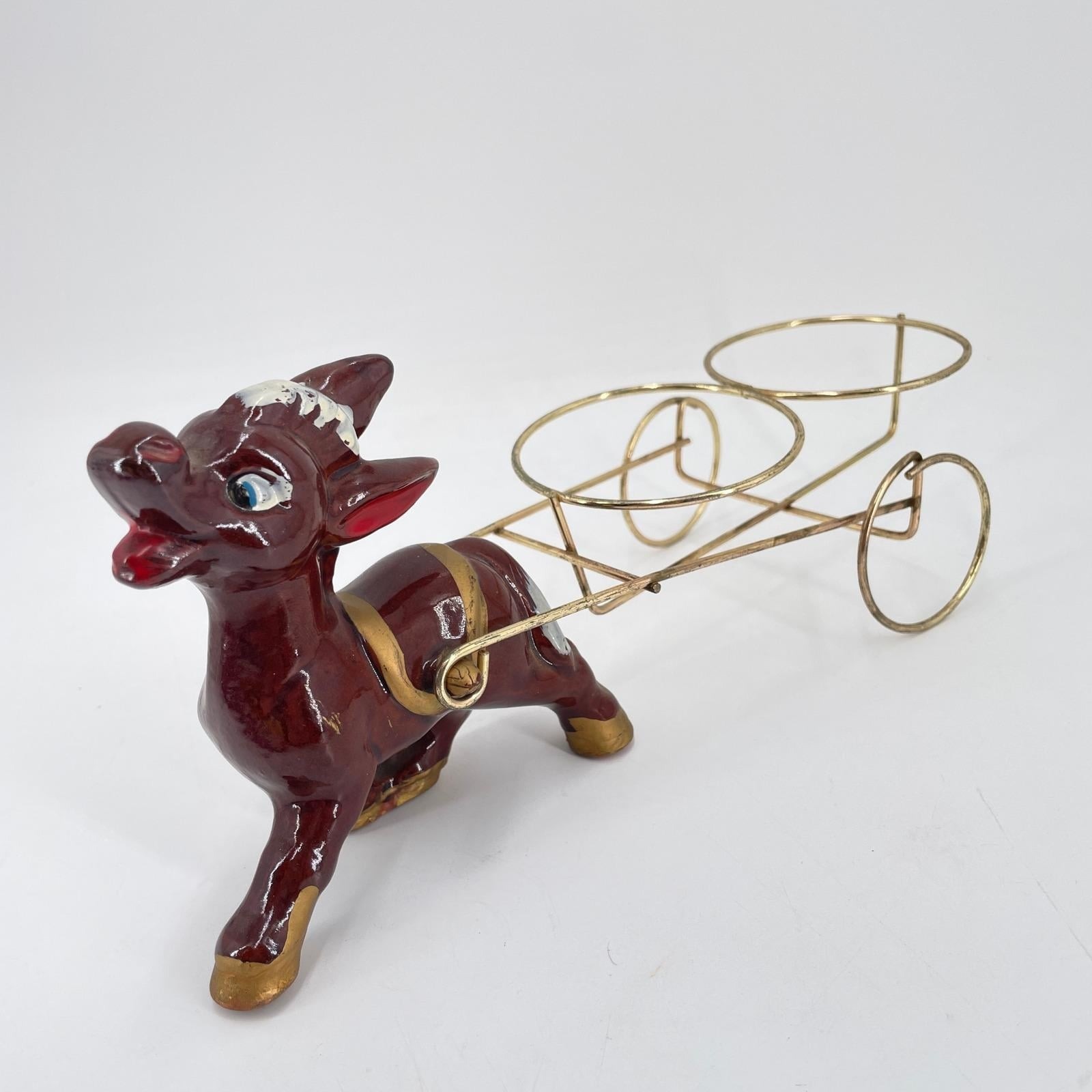 Vtg Ceramic Donkey Figurine Metal Basket Cart Salt Pepper Condiment Caddy
