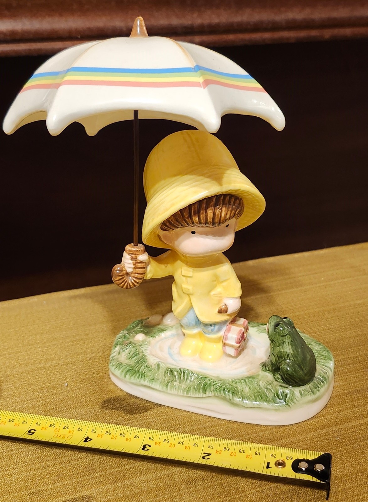 Joan Walsh Anglund figure. 1982 Spring Showers Boy with frog/umbrella.