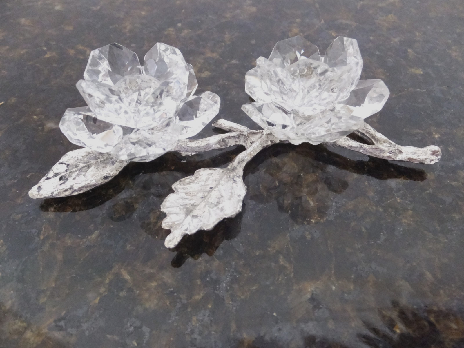 Swarovski Crystal Double Rose 4″ with silver metal stem & leaves. Made in Italy