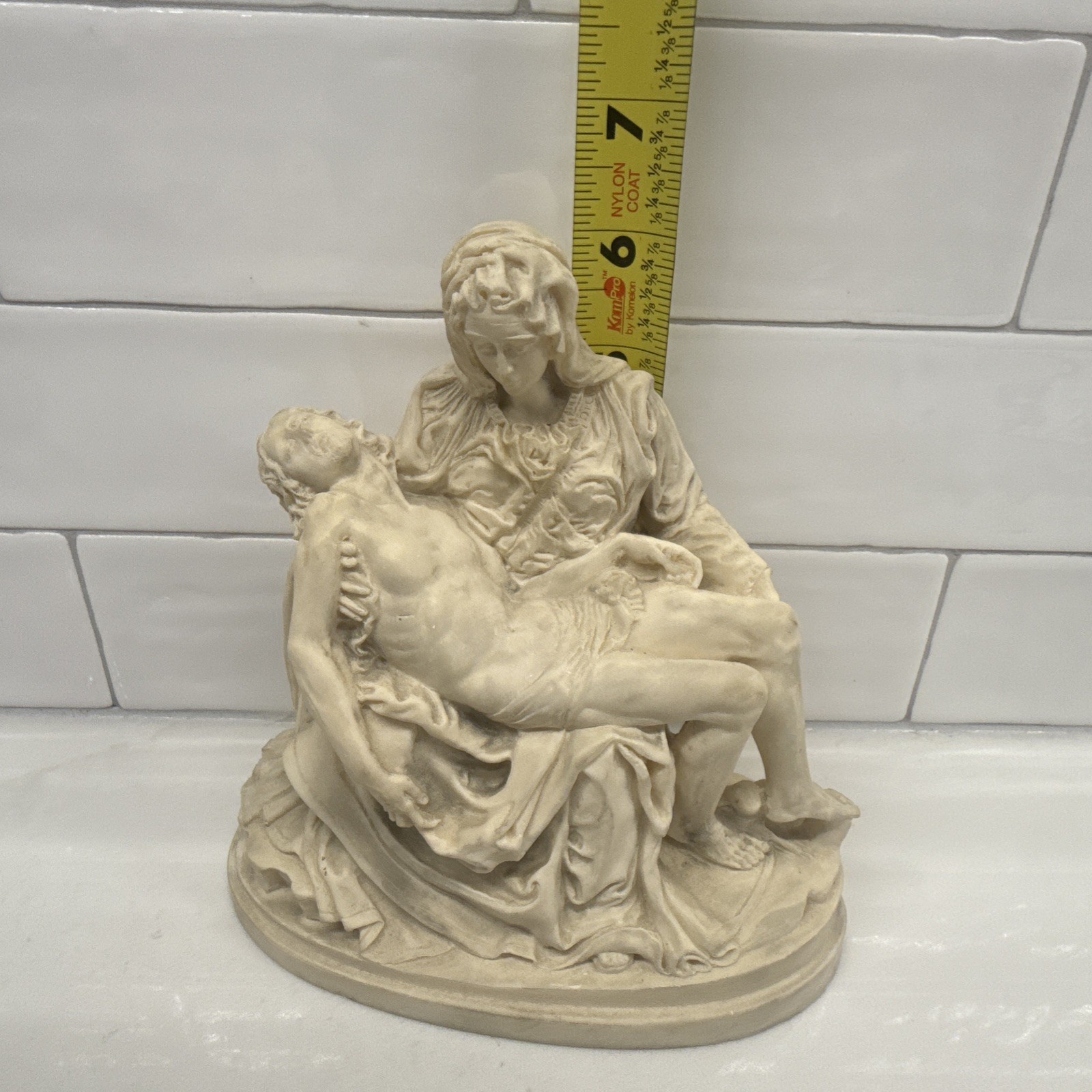 Italian Pieta Sculpture After Michelangelo P.A.T. Alabaster Religious Statue 6”