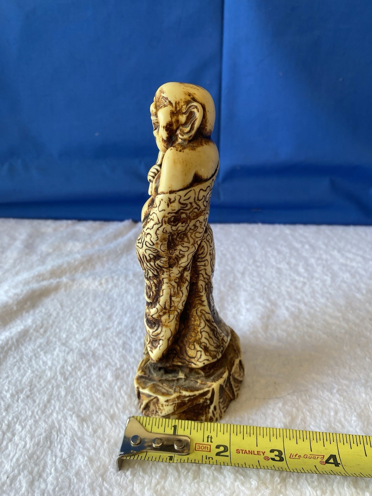 Carved Laughing Buddha Figurine Resin Antique Finish Beige Brown 6.5″