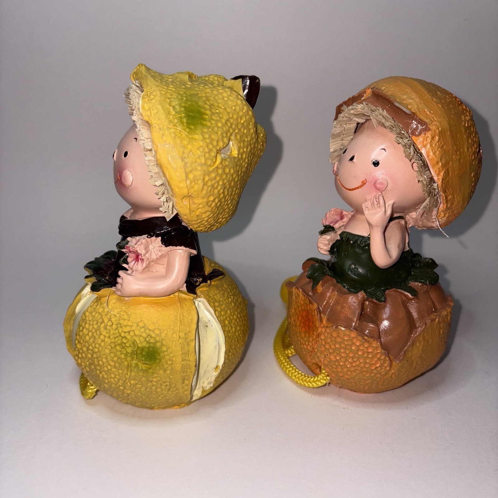 Lemon & Orange Dangling Leg Shelf Sitter Girl Figures Resin Kitchy Adorable 5”