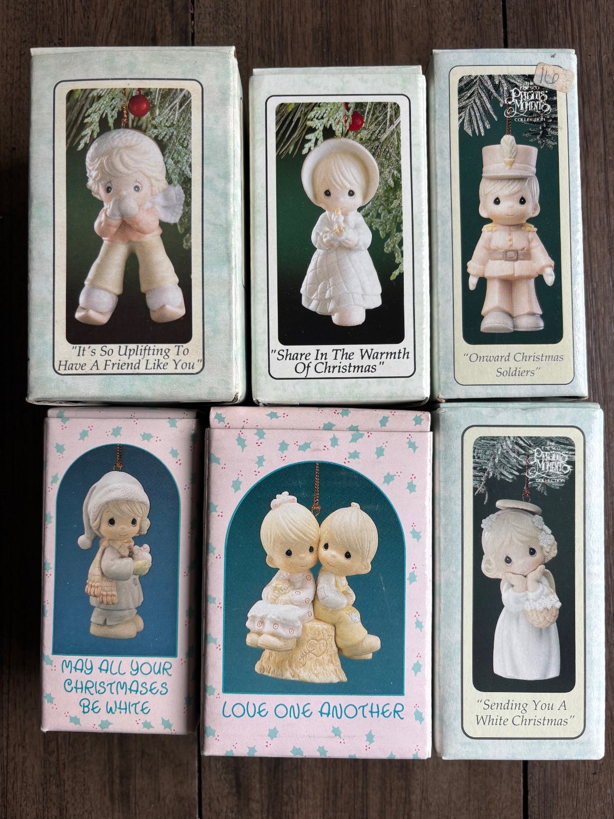 Precious Moments Skier, Angel, Soldier, Santa, Christmas Ornaments (Lot of 6)