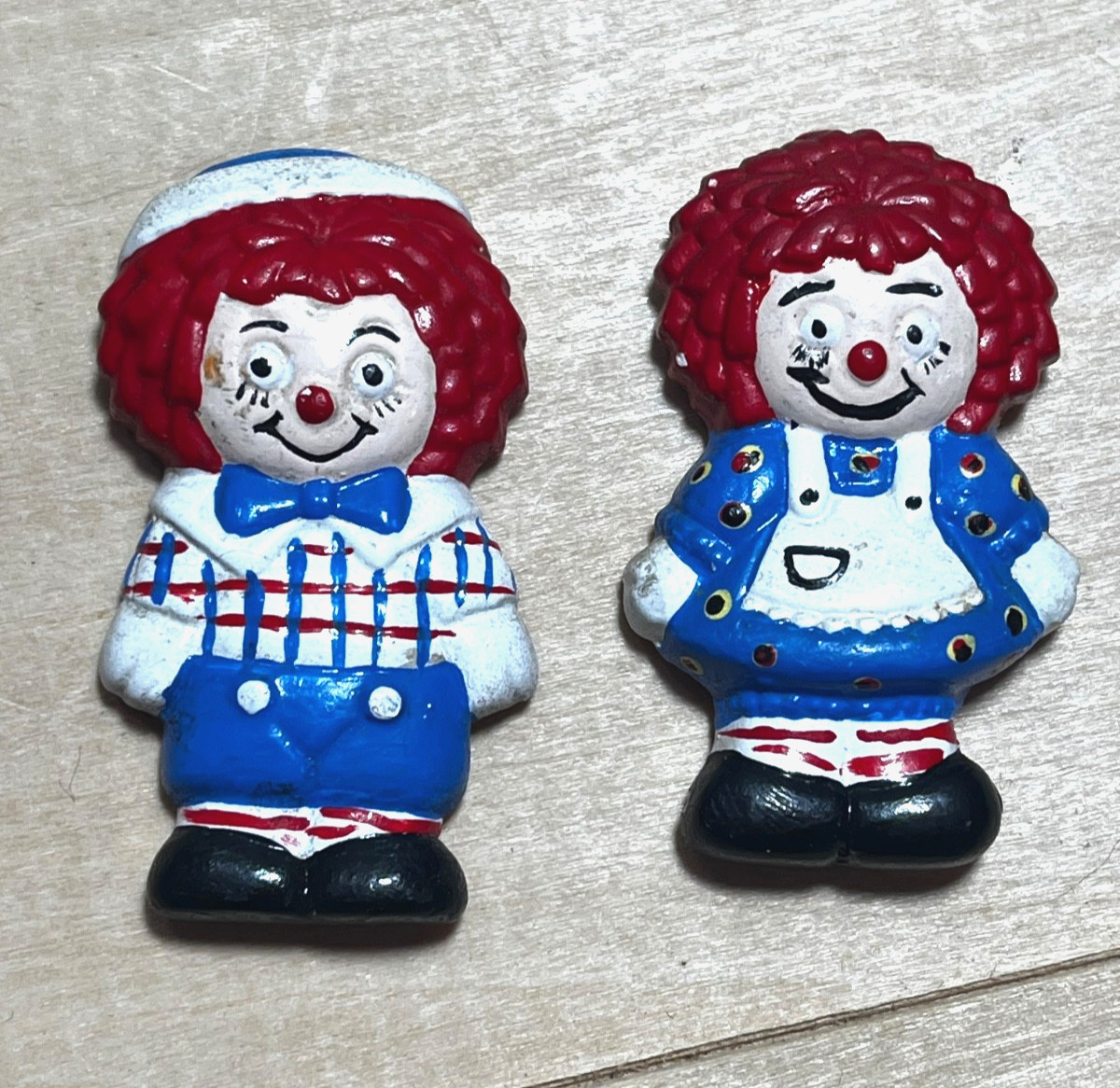 Vintage Raggedy Ann and Andy Ceramic Magnets 2″ Handpainted Retro Collectible