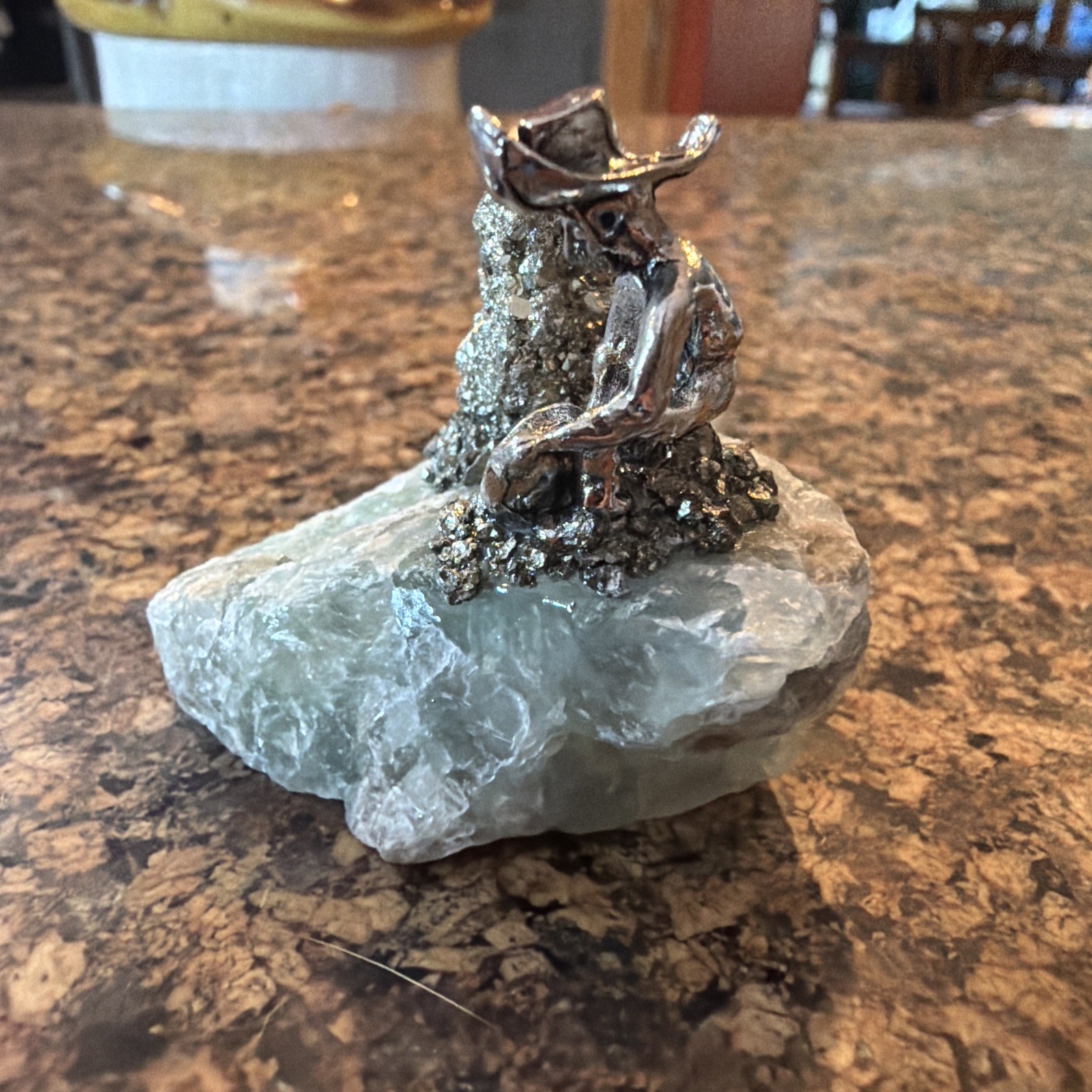 Miner Metal Figurine Sculpture fluorite Stone Base