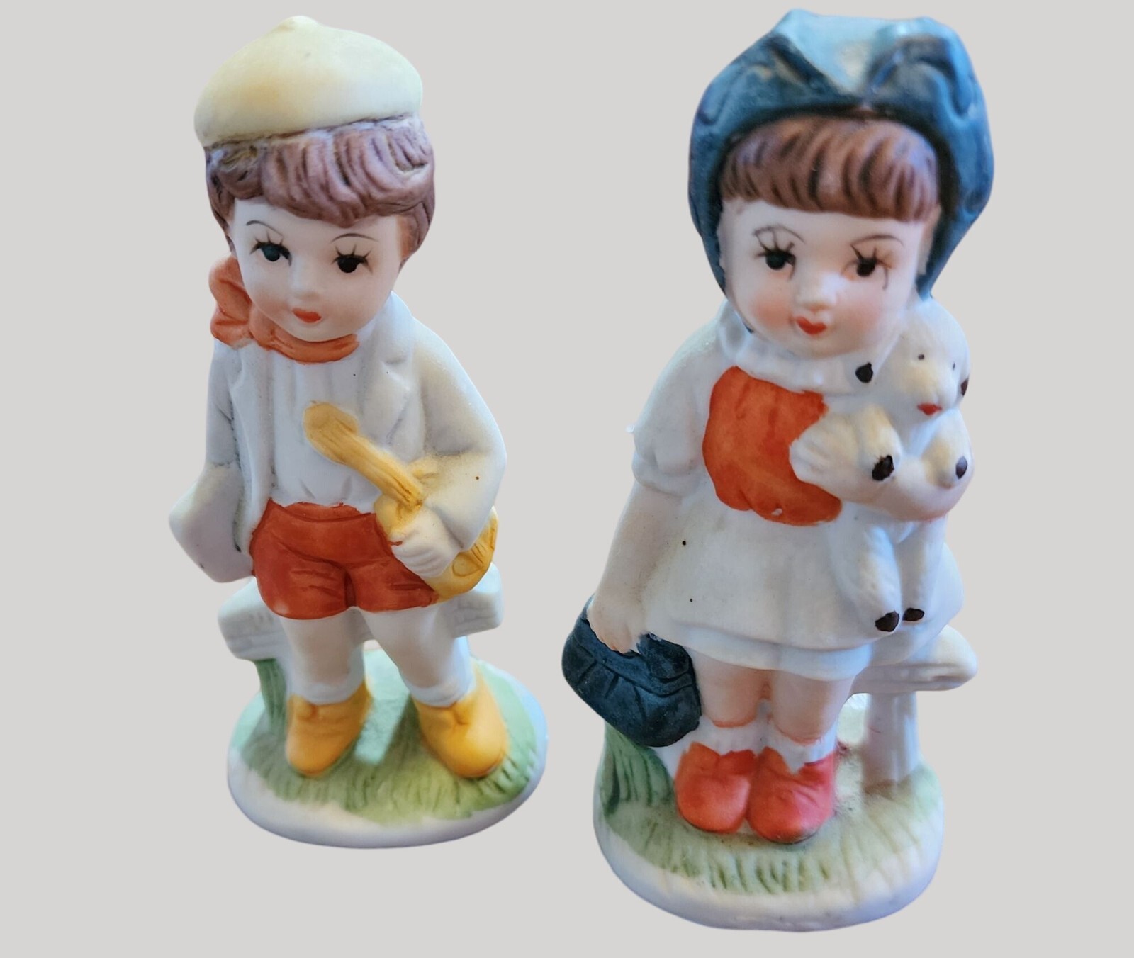 Vintage Boy & Girl Bisque Porcelain Figurines Boy w Violin Girl w Puppy