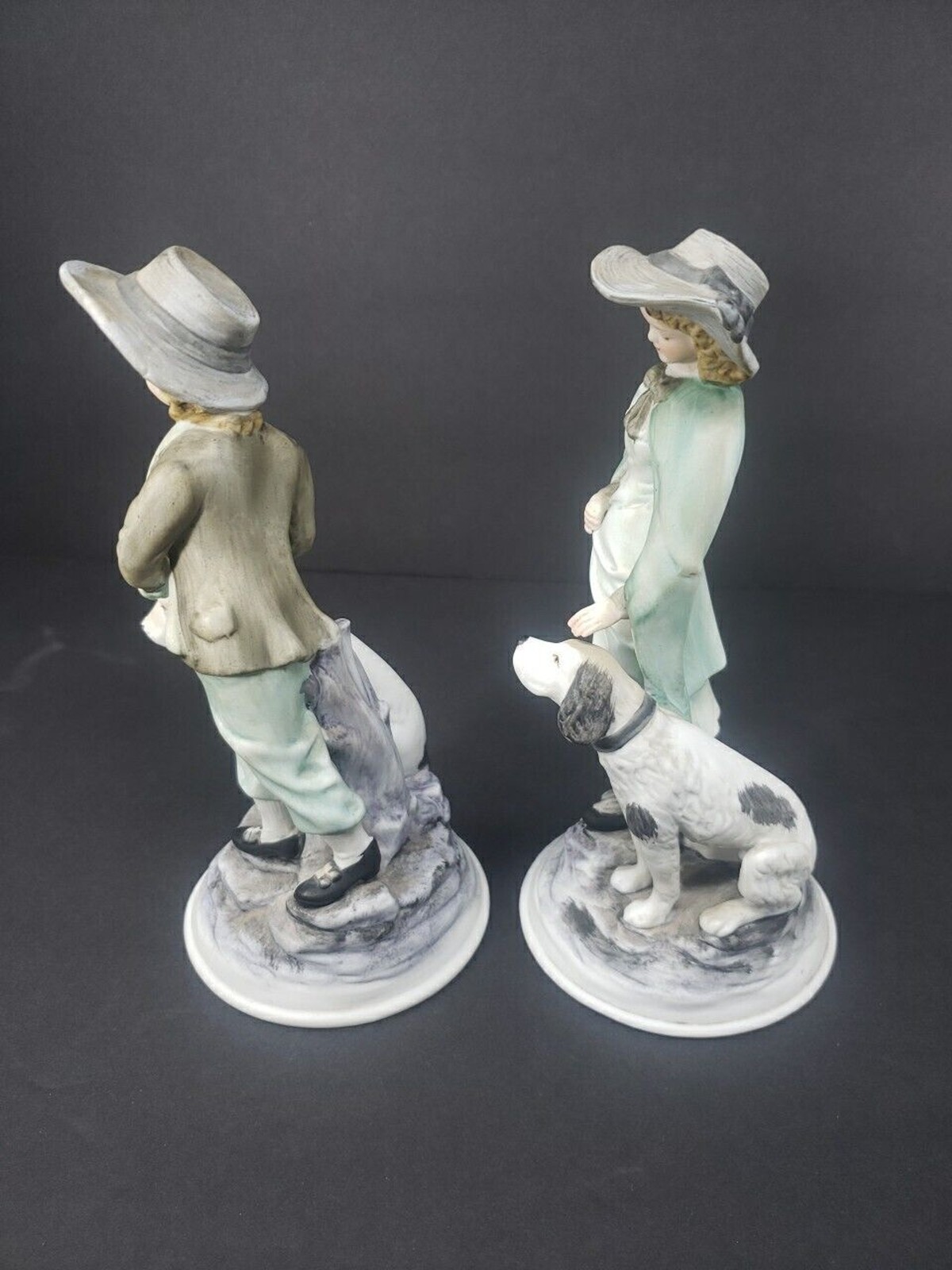 Andrea by Sadek Boy & Girl Dog Bisque Porcelain Figurines Ethan Allen 3213A VTG