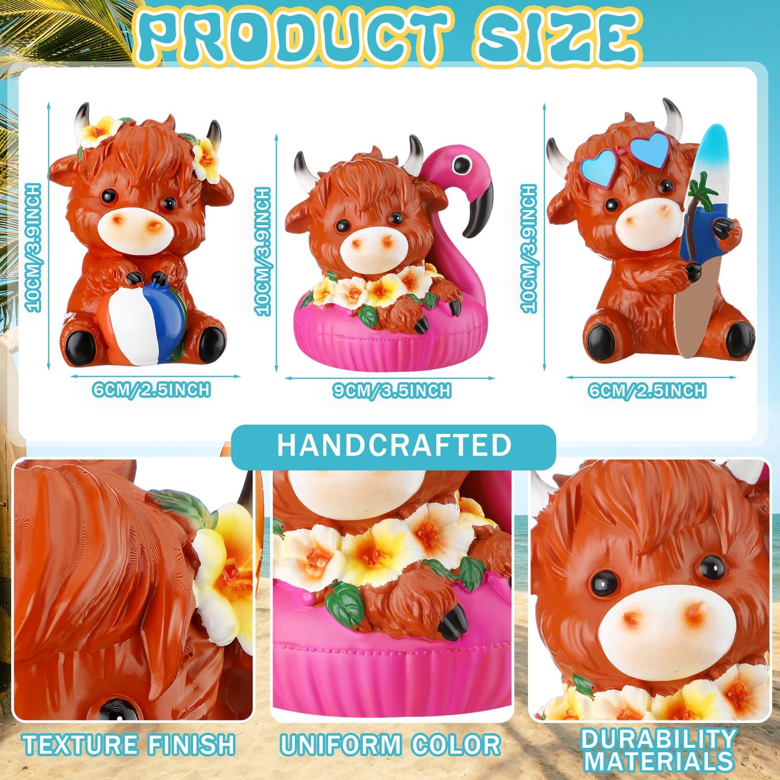 3 Pcs Highland Cow Figurines Summer Beach Seaside Coastal Highland Cow Gnomes…