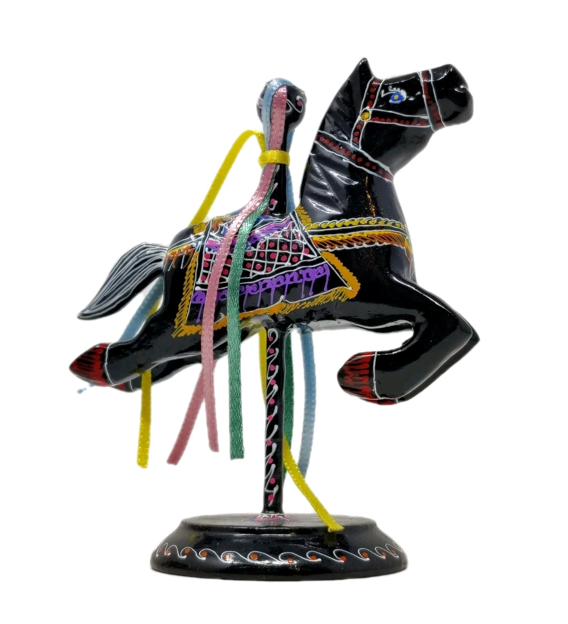 VTG Hand Painted Wood Carousel Horse Folk Art Figurine Black Lacquered Signed 3″