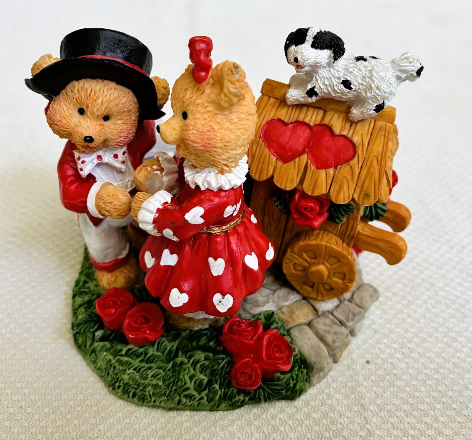 Detailed Resin Figurine ‘Valentine Bears’ with Roses and Dalmatian Dog