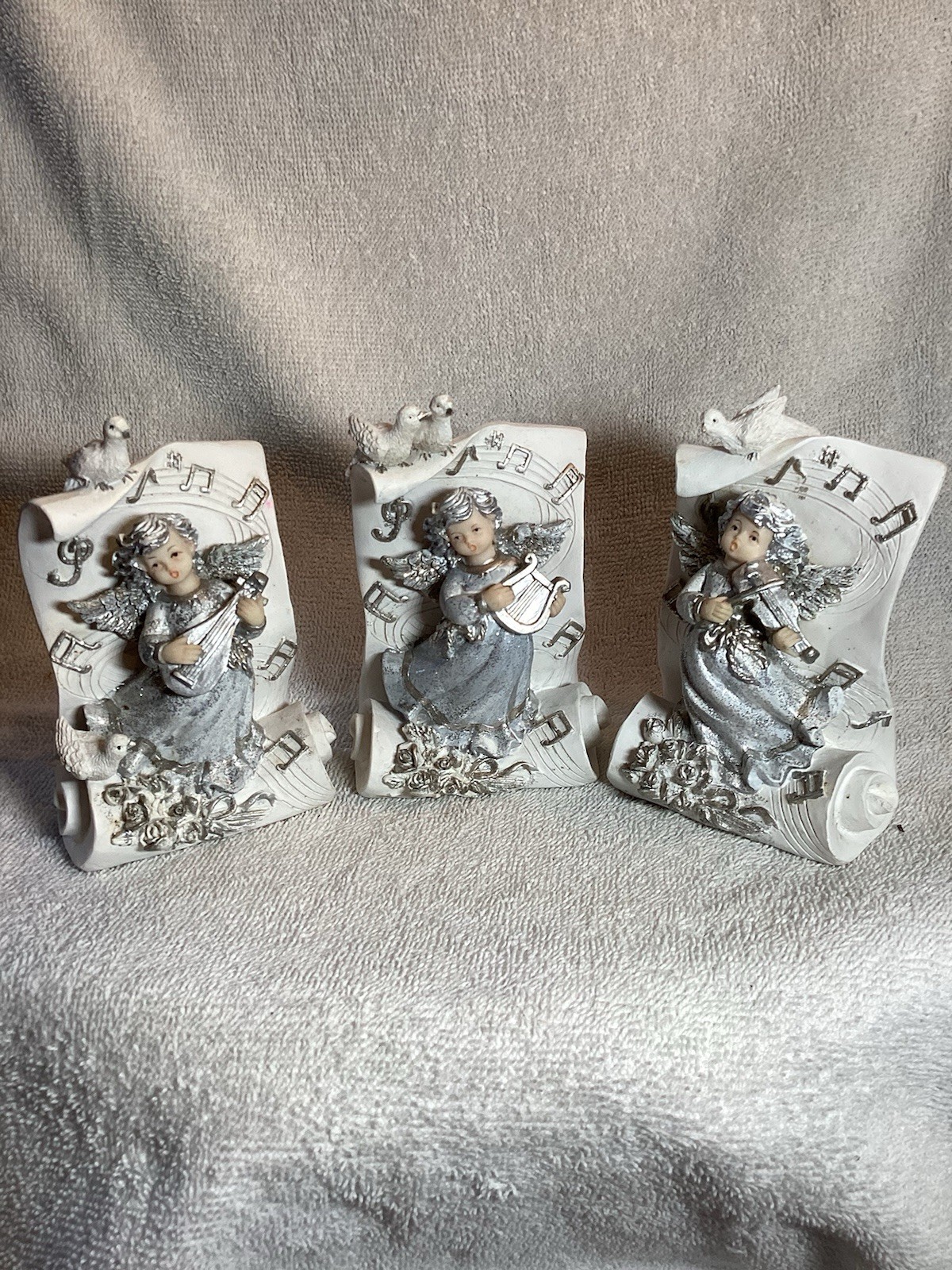 Vintage Silver & White Angel Figurines 3 Each Playing Musical Instruments