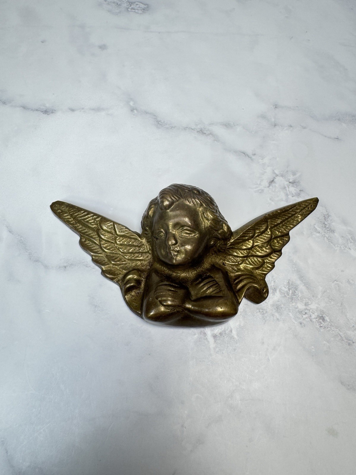 Vintage Brass Angel Cherub Wall Hanging Boudoir Whimsical Sculpture Figurine 5″