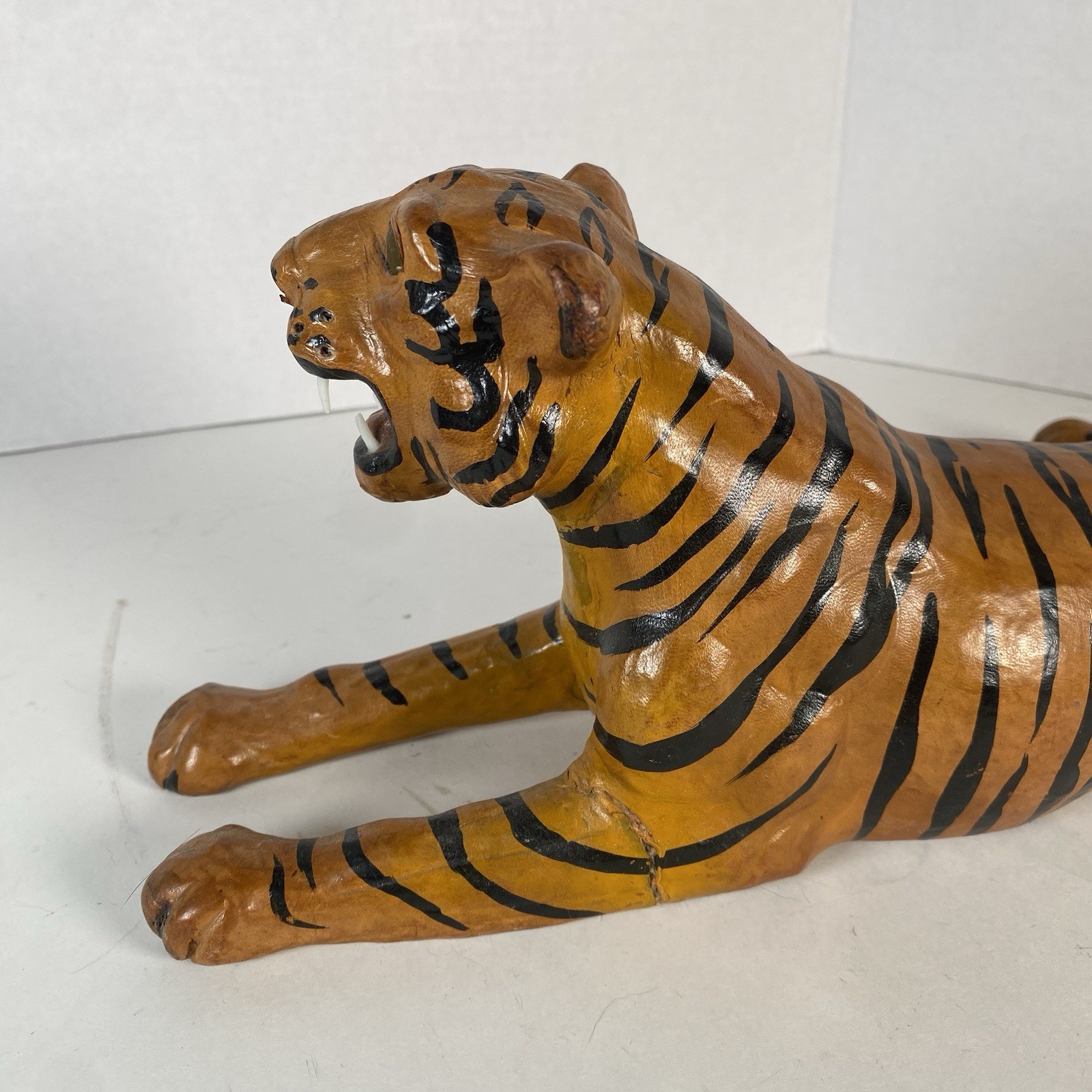 Vintage Leather Wrapped Orange Tiger FIgure Figurine Statue MCM Mid Century